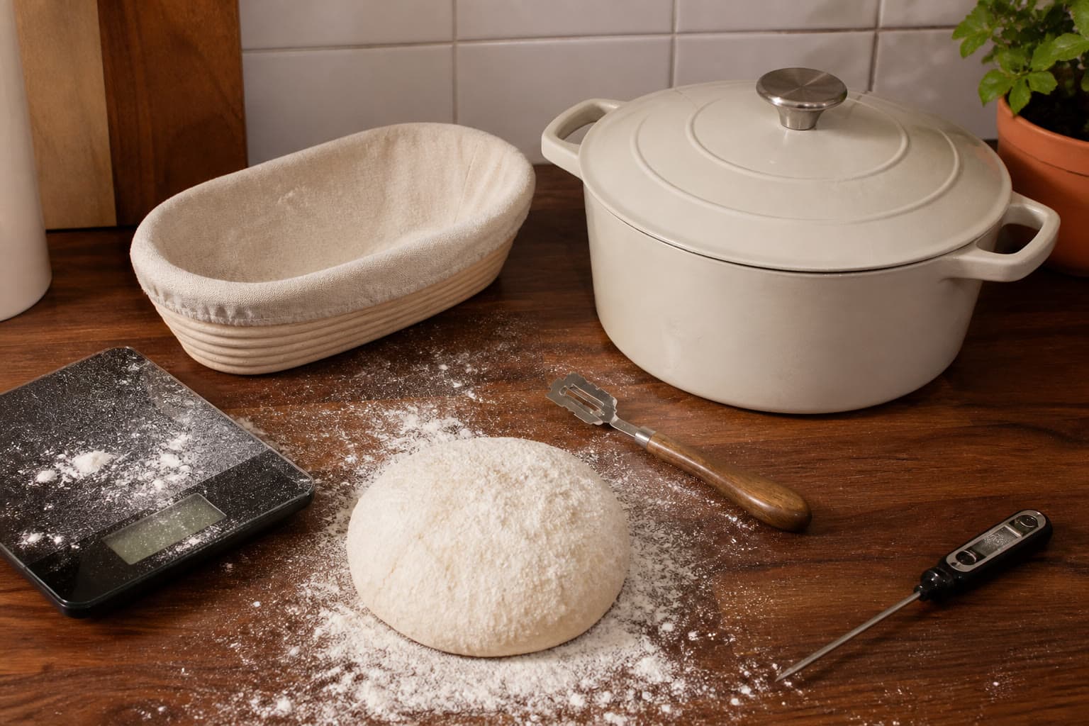 Dutch oven, digital scale, lame, and banneton arranged on a wooden kitchen counter