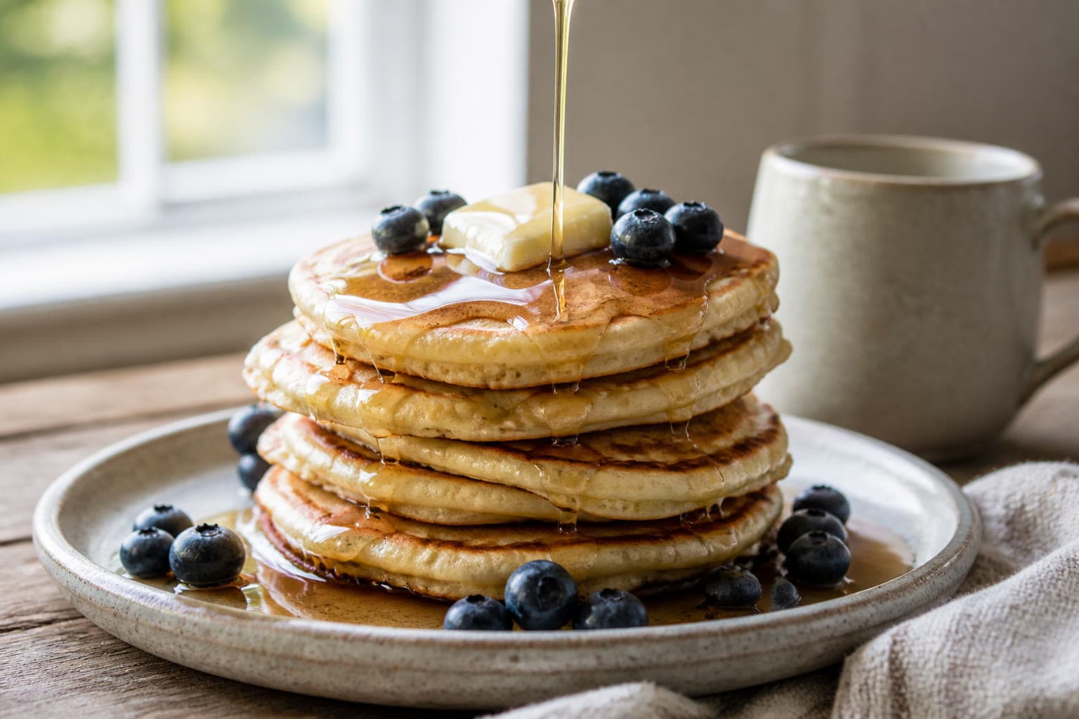 Stack of gluten-free sourdough discard pancakes with maple syrup