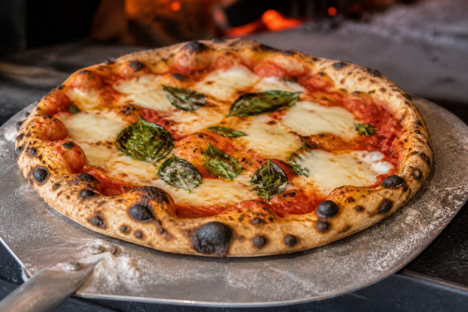 Blistered gluten-free sourdough pizza with basil
