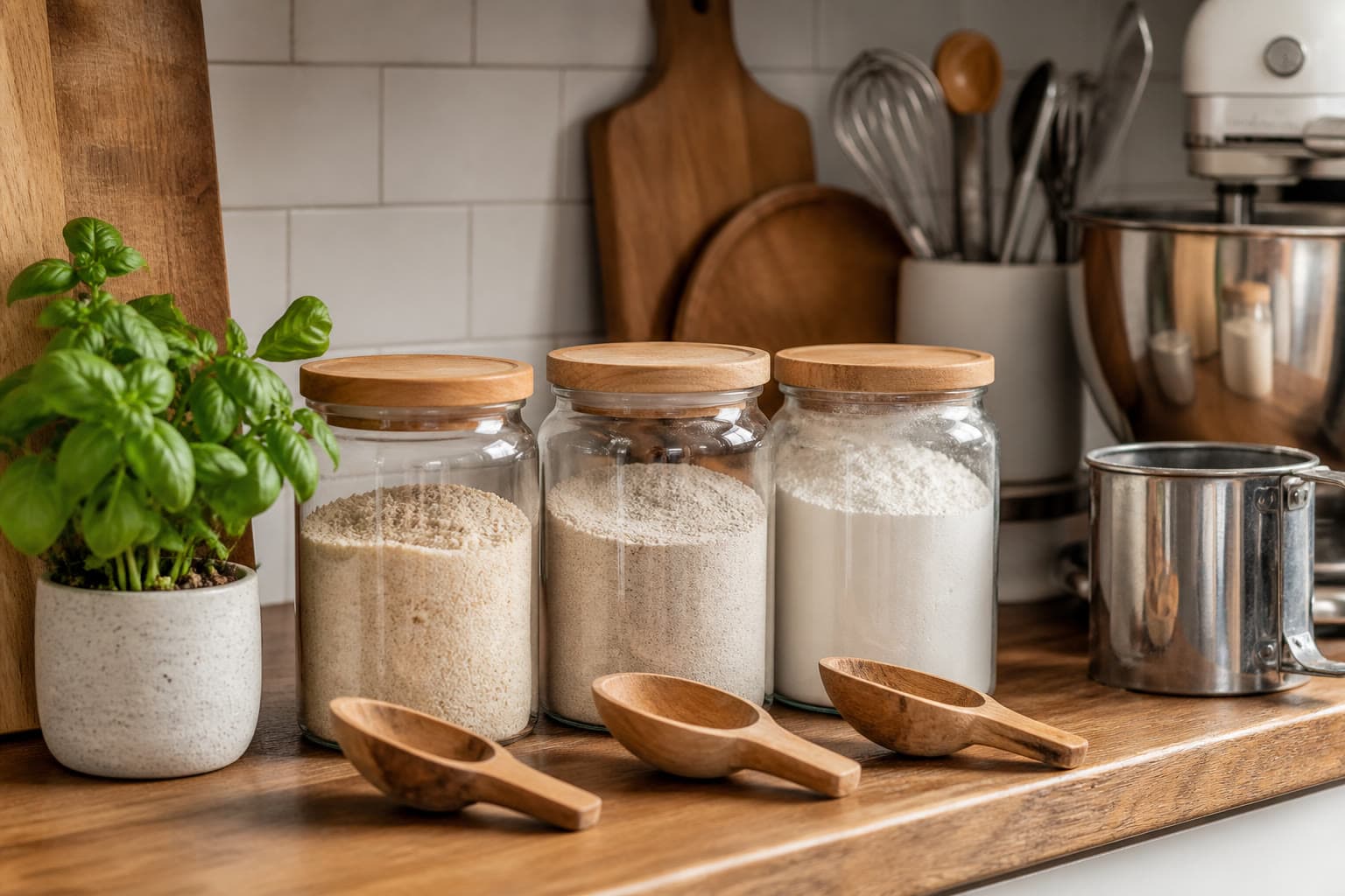 Labeled gluten-free flour bins and a dedicated starter jar in a home kitchen