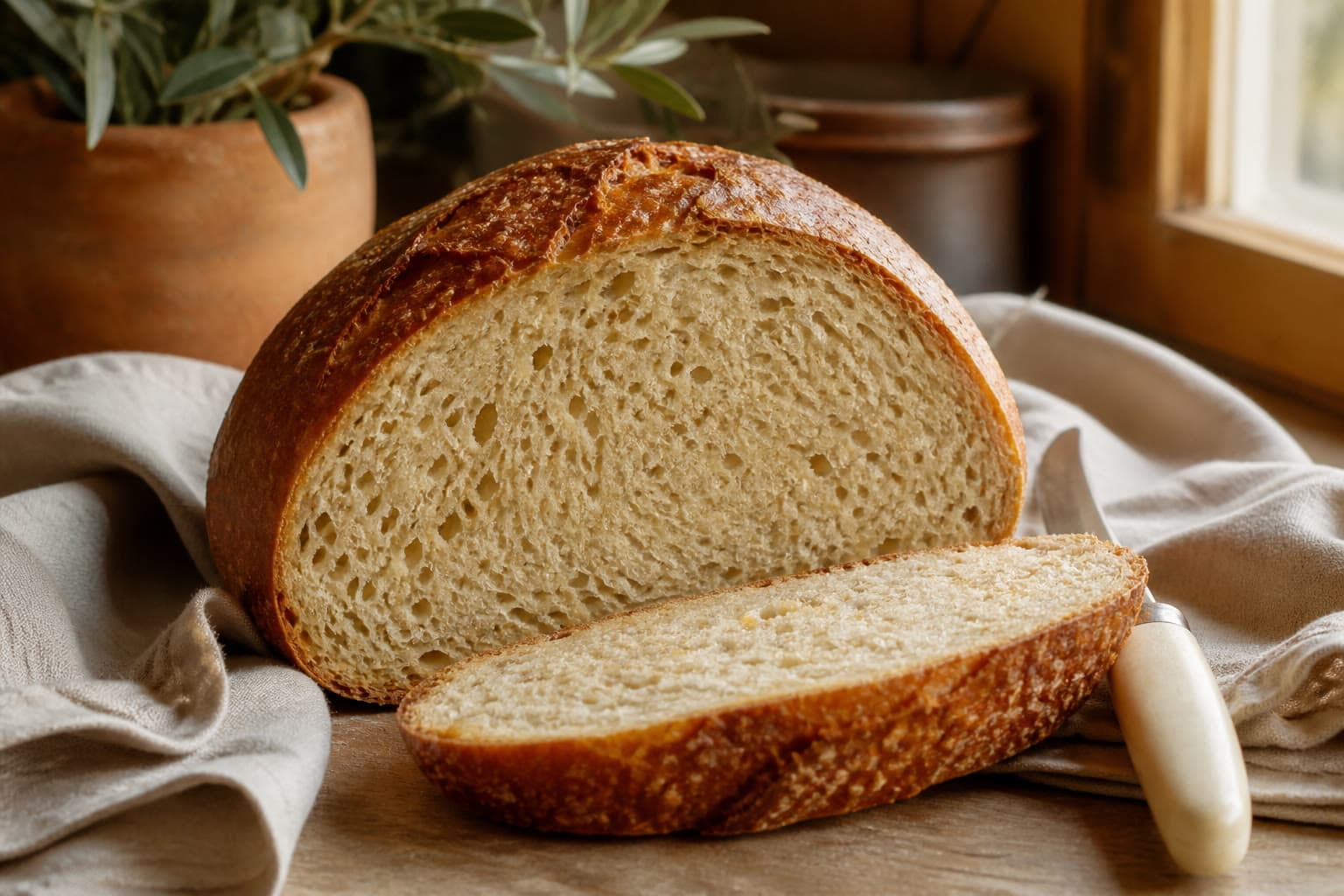 Crusty gluten-free sourdough boule on a linen-lined board in an Indianapolis home kitchen