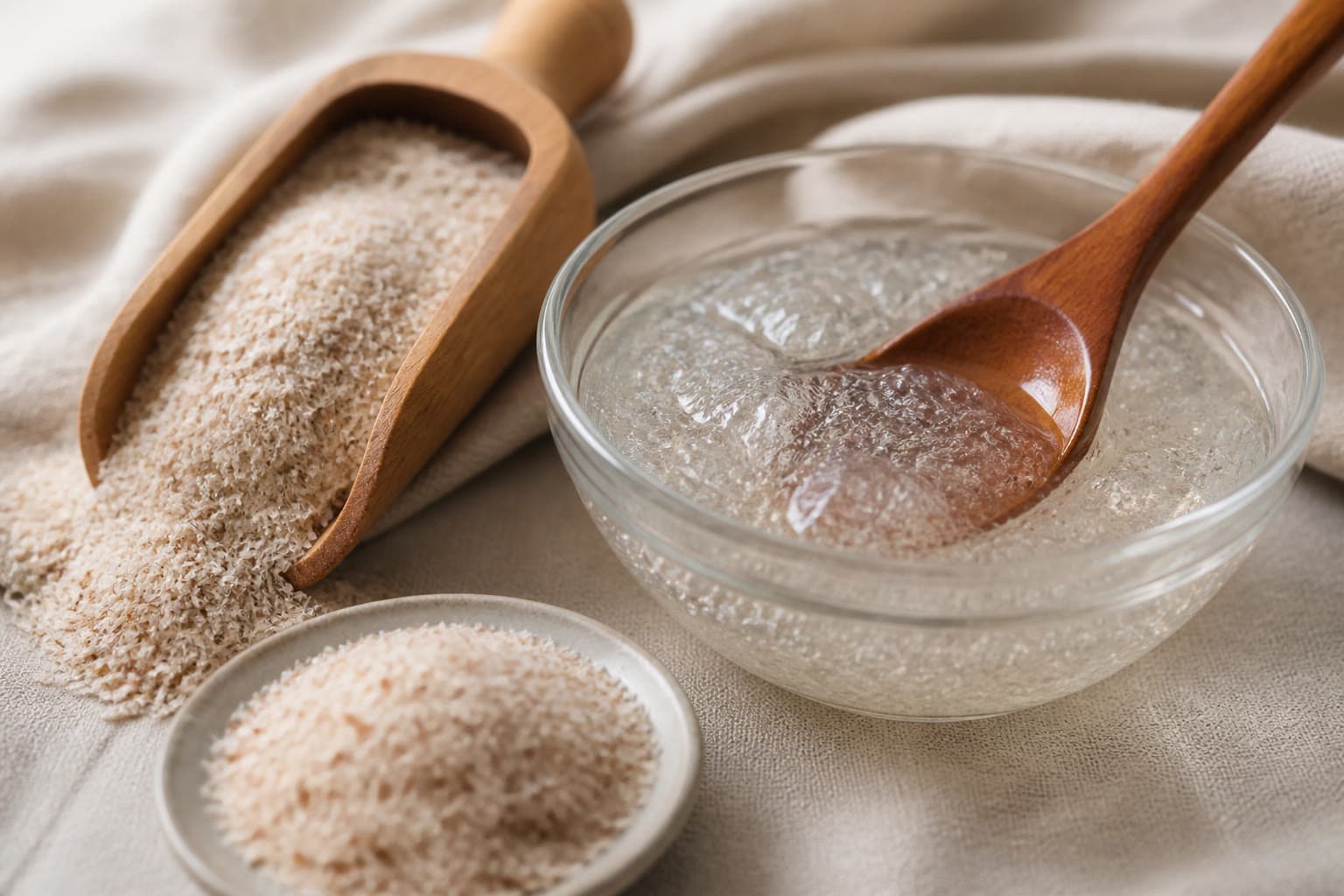 Psyllium husk blooming into a tawny gel in a glass bowl beside gluten-free flour