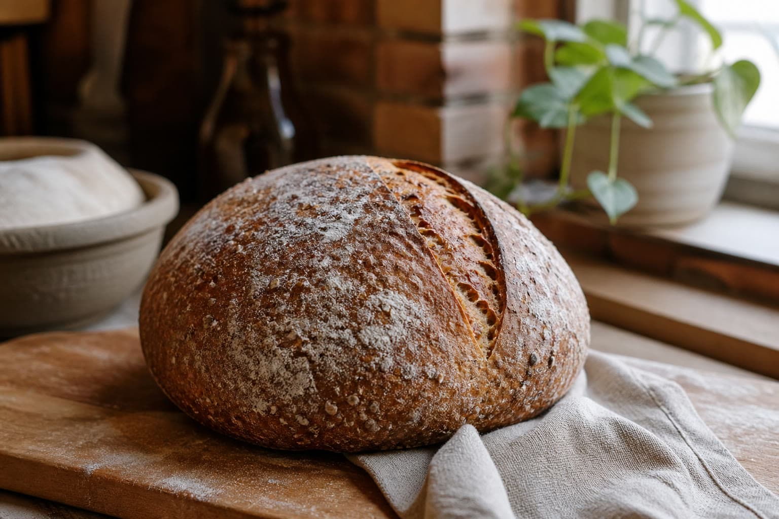 Golden-brown rice and sorghum gluten-free country loaf with a flour-dusted crust