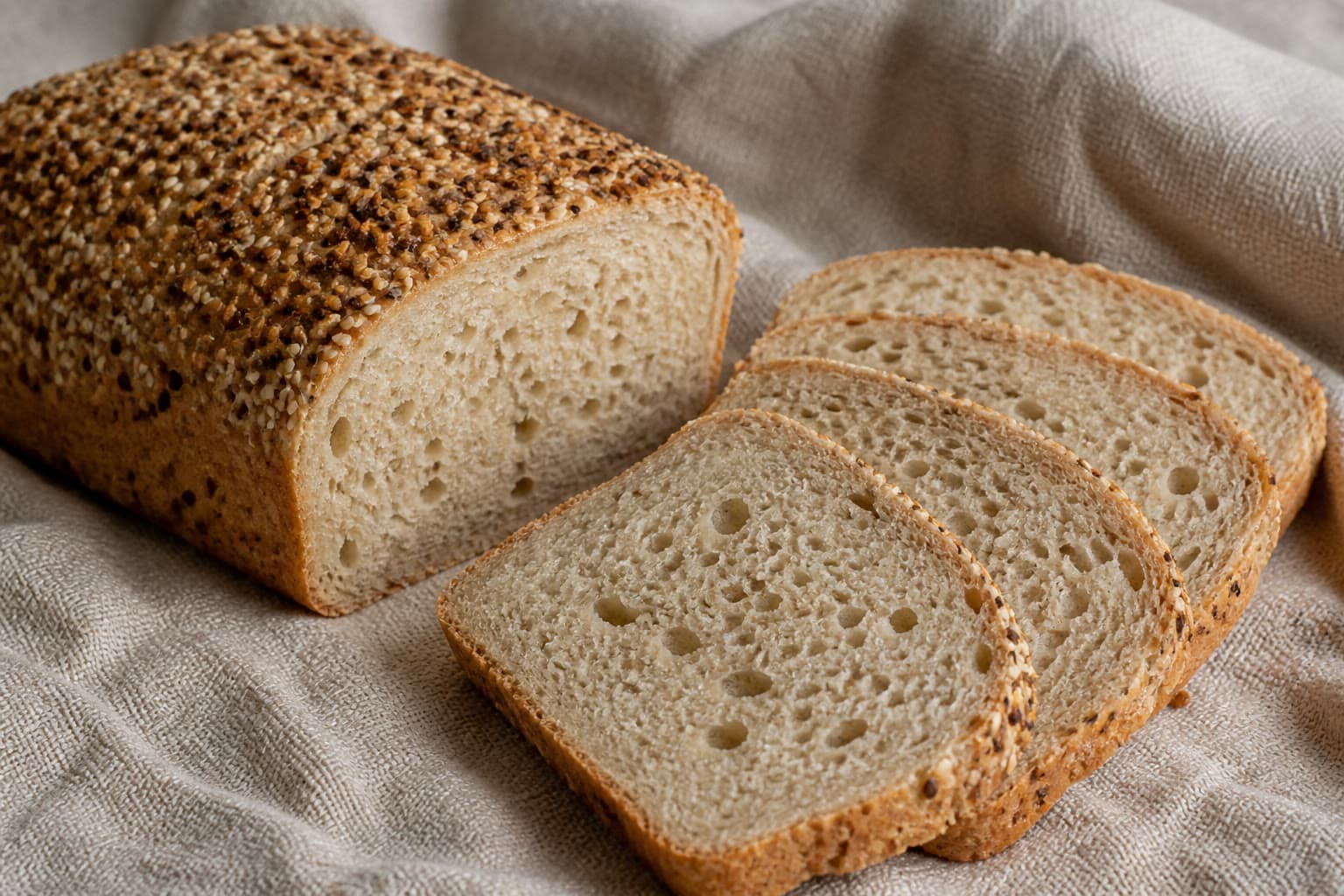 Gluten-free sourdough loaf crusted with everything bagel seasoning
