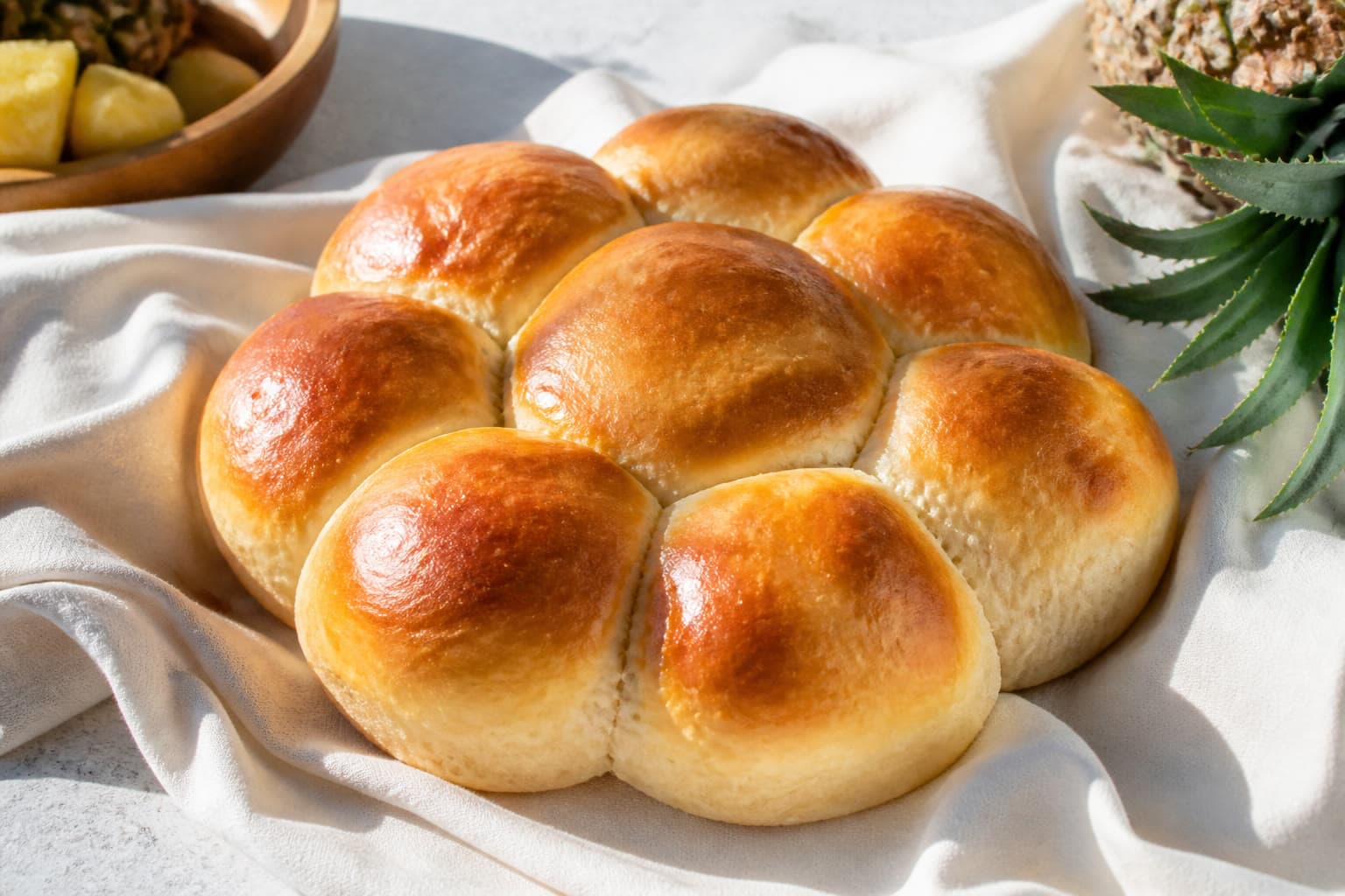 Shiny golden gluten-free Hawaiian sourdough rolls