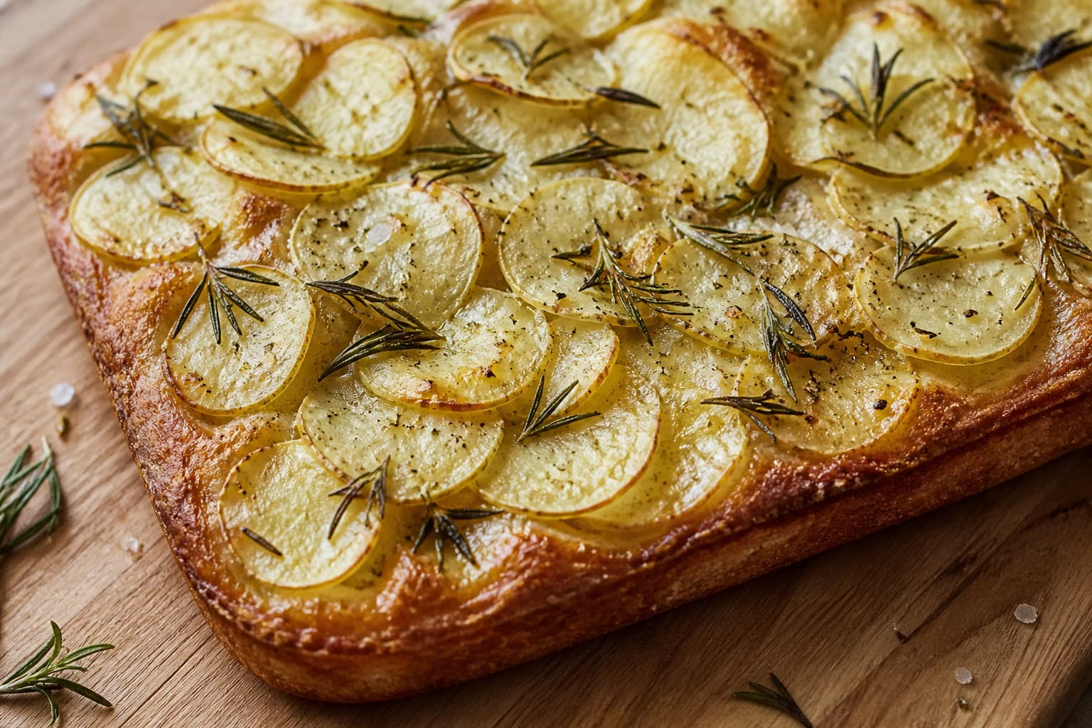 Gluten-free focaccia topped with overlapping potato slices and rosemary