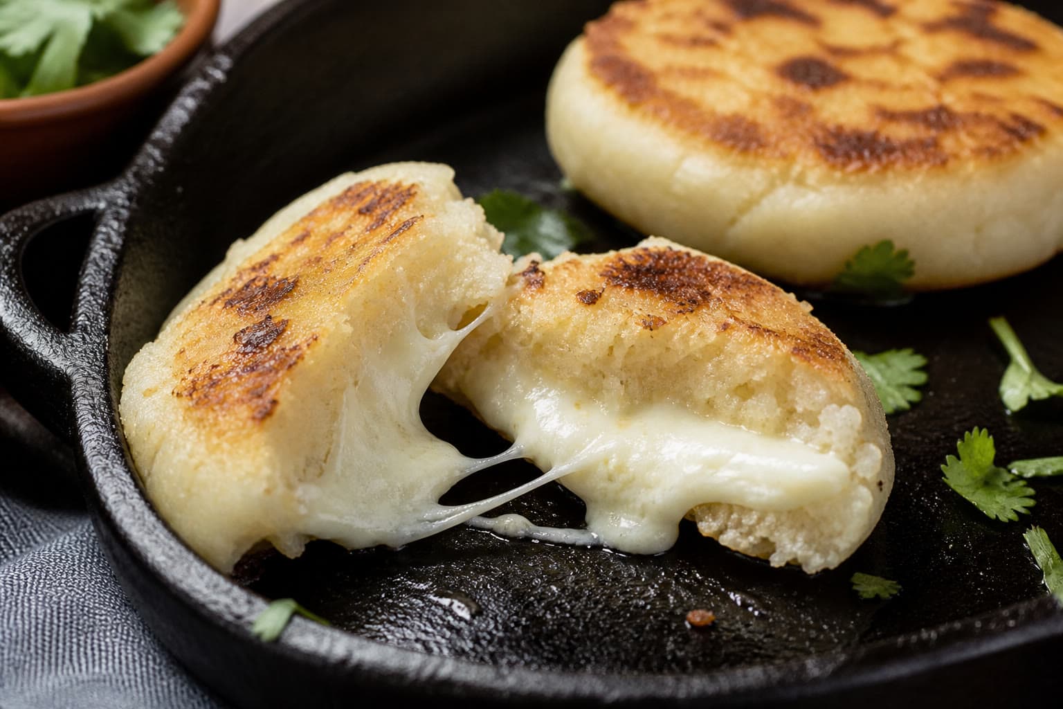 Griddled masa arepas split and filled, made with gluten-free sourdough starter