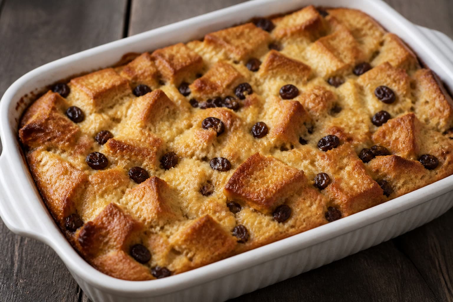 Baked gluten-free sourdough bread pudding with a golden custard top