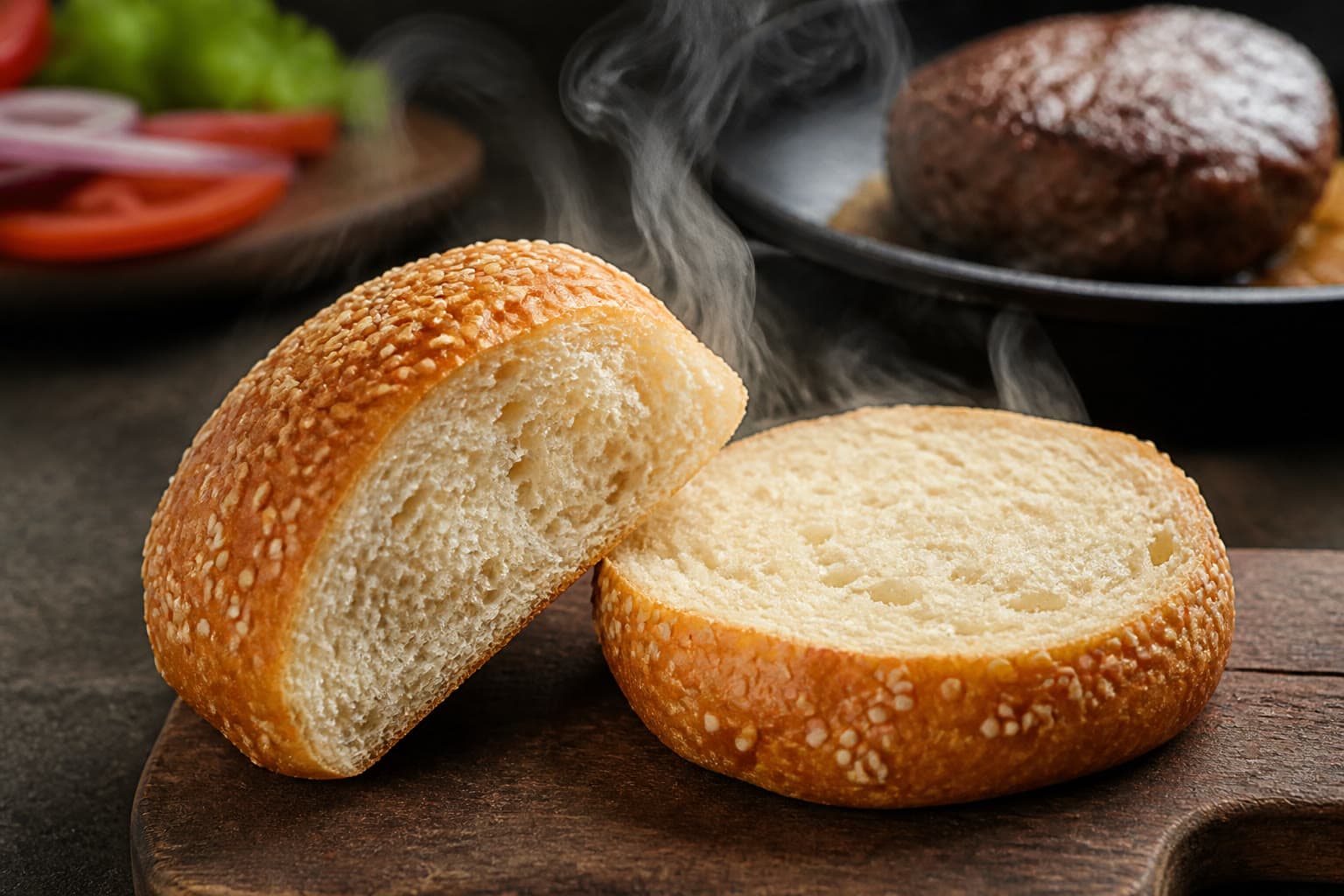 Sesame-topped gluten-free sourdough burger buns