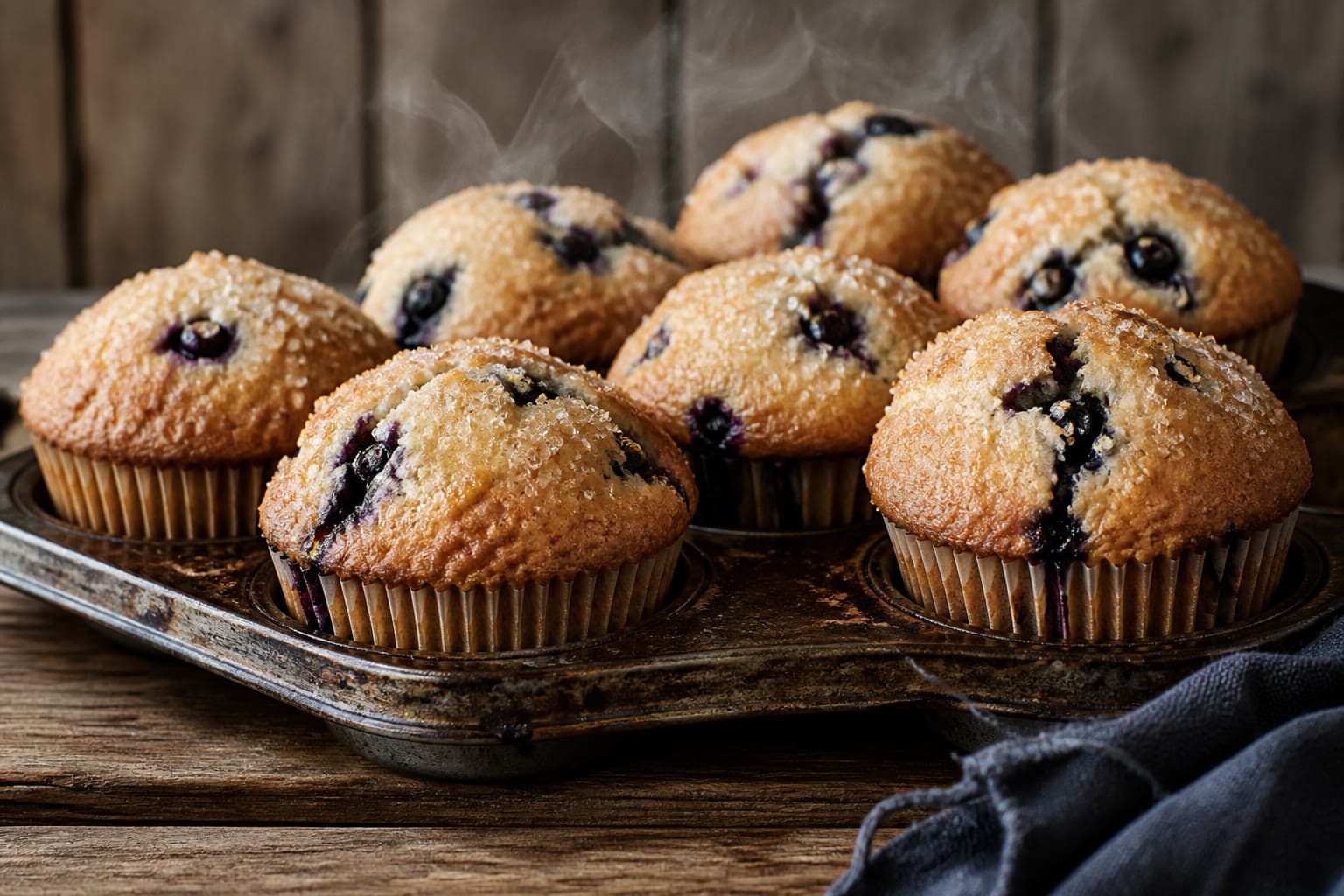 Gluten-free sourdough discard blueberry muffins in a tin