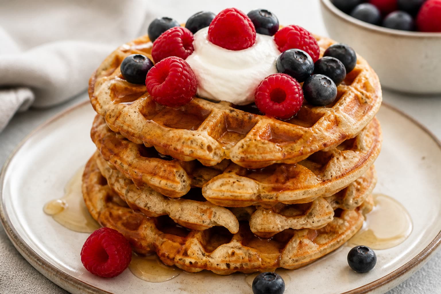 Crisp gluten-free sourdough discard waffles with berries