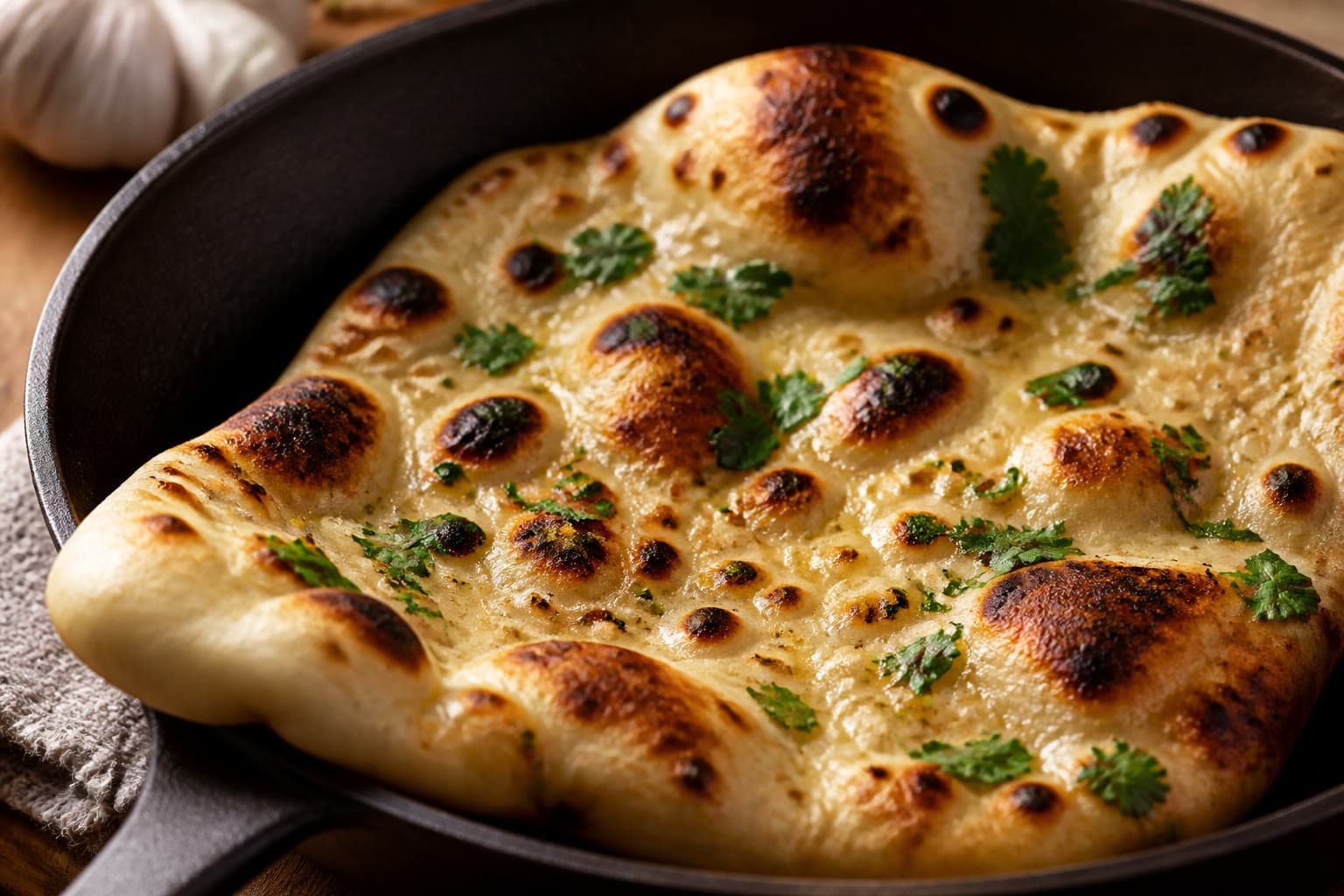 Skillet-blistered gluten-free sourdough naan with garlic butter