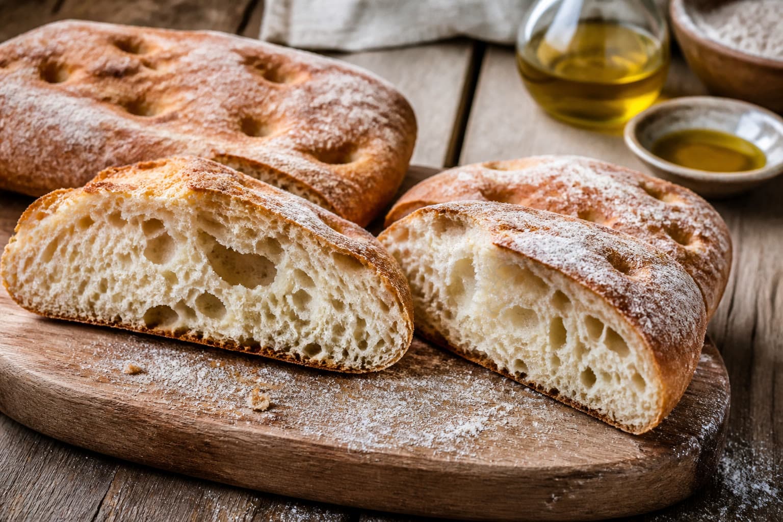 Dimpled gluten-free ciabatta baked on a steel with steam, olive oil on the crust