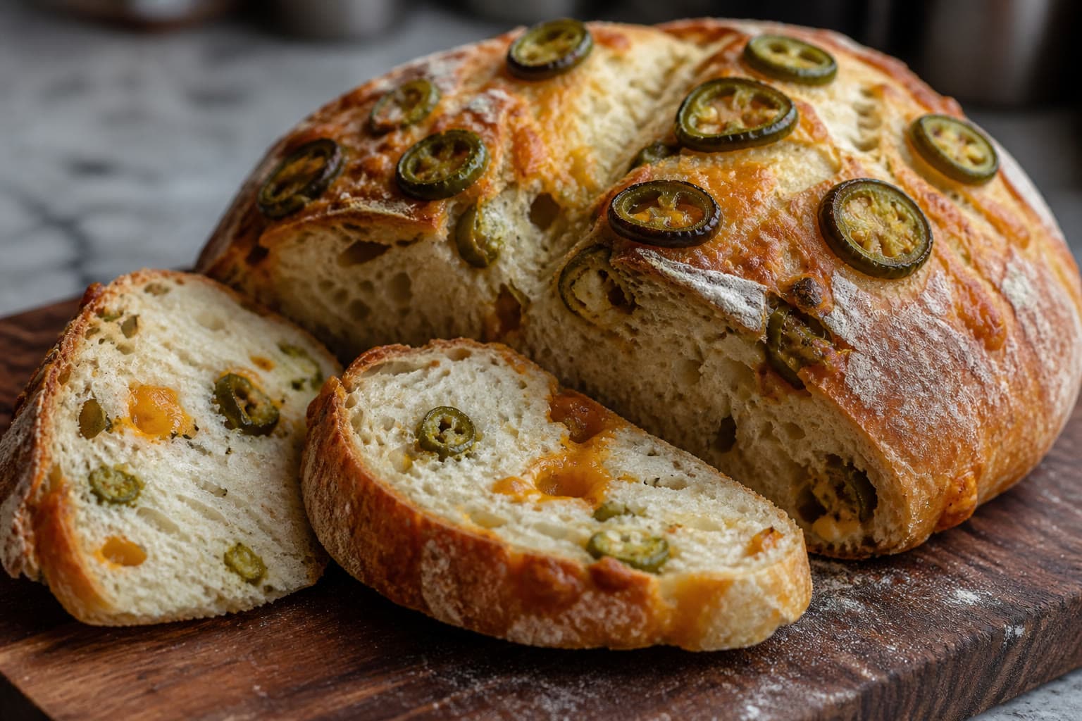 Gluten-free jalapeño cheddar sourdough boule with melted cheese in the crumb