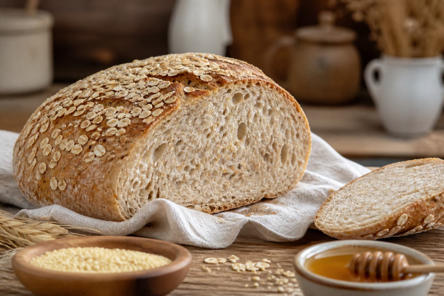 Sliced millet and certified gluten-free oat porridge sourdough with a moist, speckled crumb