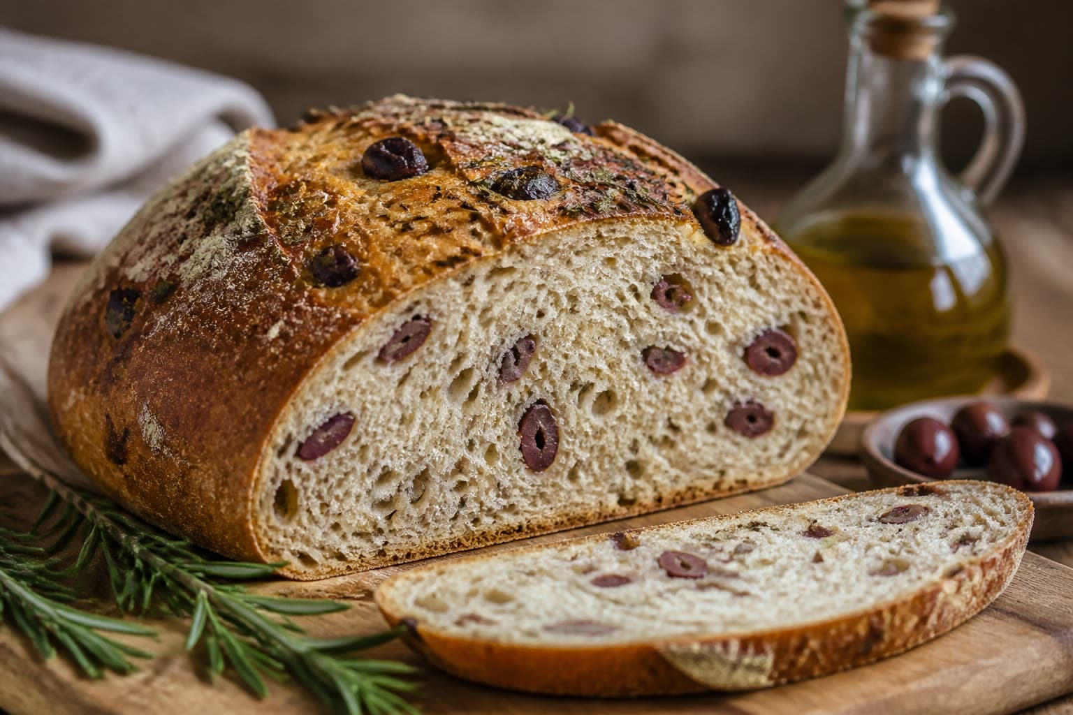 Gluten-free olive and rosemary sourdough country loaf with visible olive pieces in the crumb