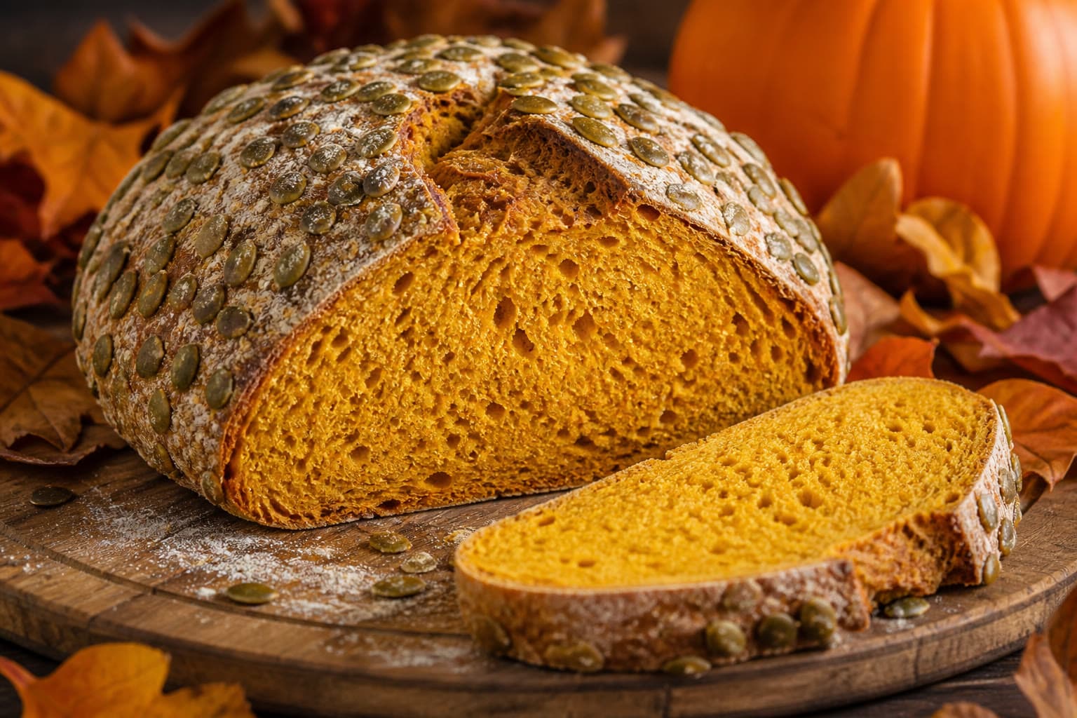 Golden pumpkin sorghum gluten-free sourdough loaf with pepita crust