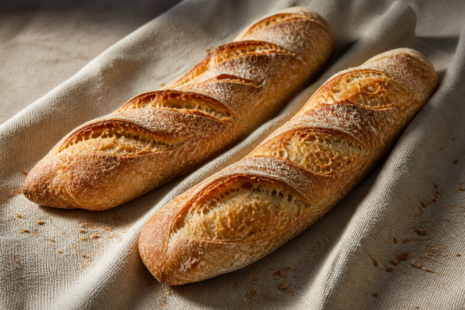 Two rustic gluten-free sourdough baguettes with steam-baked crusts and angled scores