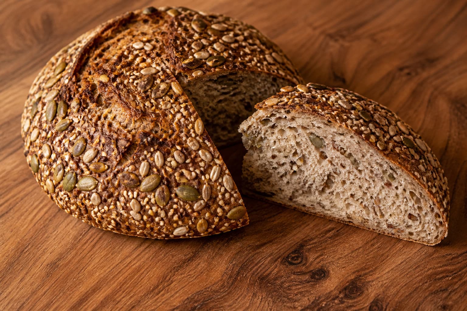 Seed-crusted gluten-free sourdough boule with pumpkin, sunflower, flax, and sesame